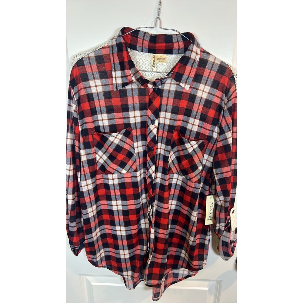 Passport Plus Women Button Down Shirt Lace Back Yoke‎ Red Plaid 1X NWT